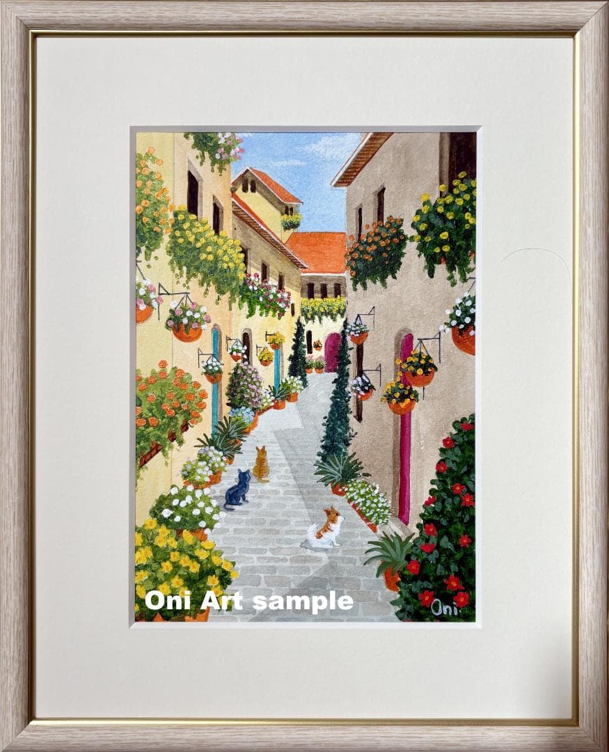 アクリル画　原画　「花の咲く路地11」額縁付　SMサイズ　風景画