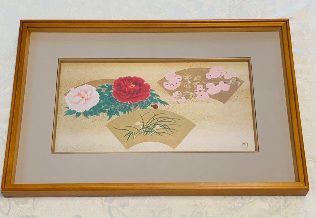 お買得！超美品☆丸山石根画伯の四季扇面花鳥図/春夏秋冬色紙4枚と額付き箱入