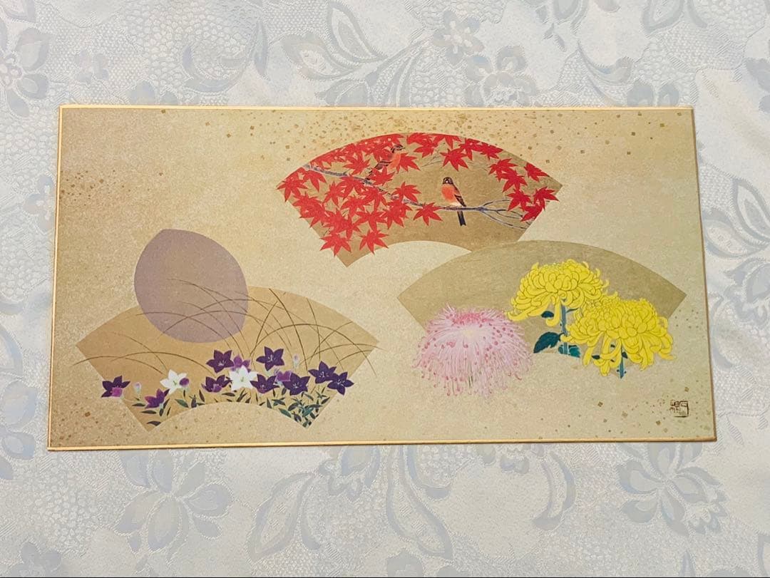 お買得！超美品☆丸山石根画伯の四季扇面花鳥図/春夏秋冬色紙4枚と額付き箱入