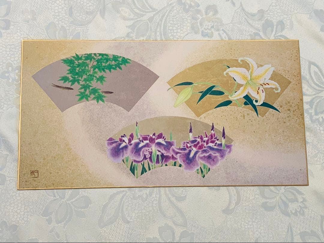 お買得！超美品☆丸山石根画伯の四季扇面花鳥図/春夏秋冬色紙4枚と額付き箱入