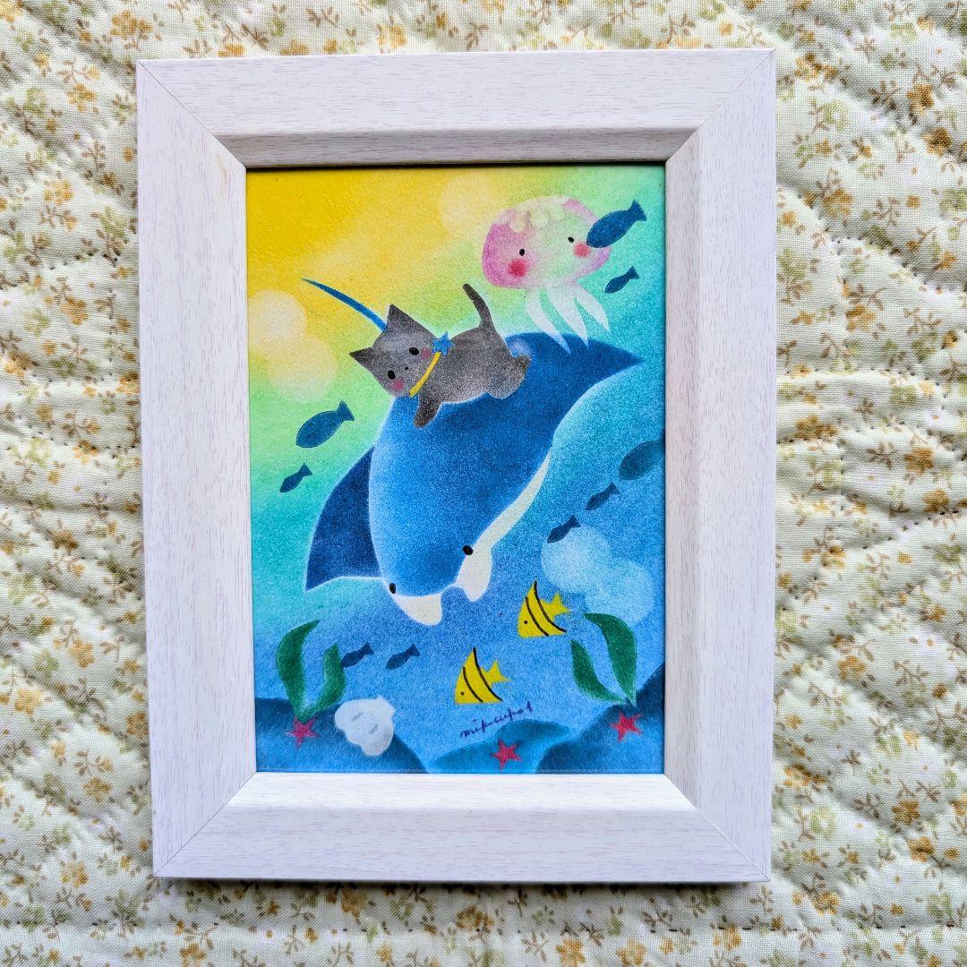 L判サイズフレーム付き原画 パステル画 マンタ ねこ