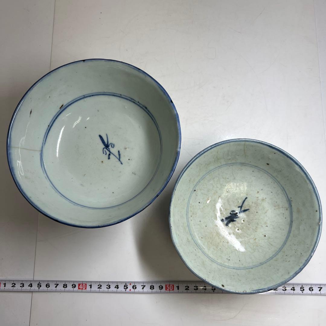 中国清朝時代　南京染付菓子鉢大小　木箱付　口径約17.8/15.5㎝