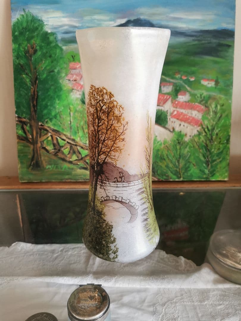 アンティーク ルグラ 橋上の母娘 ≒29㎝大型ガラス花瓶 アールヌーヴォー手描