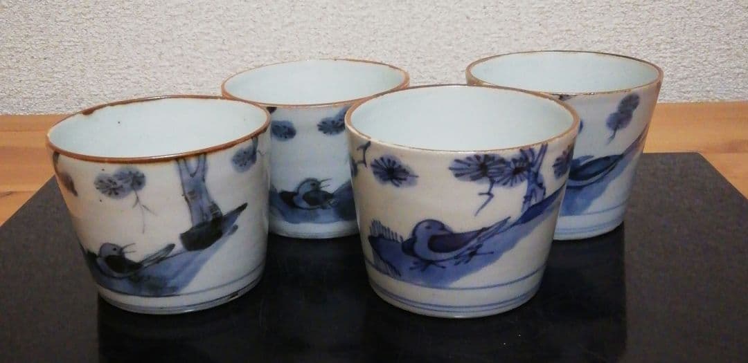 古伊万里　染付　蕎麦猪口　花鳥図　四客　食器