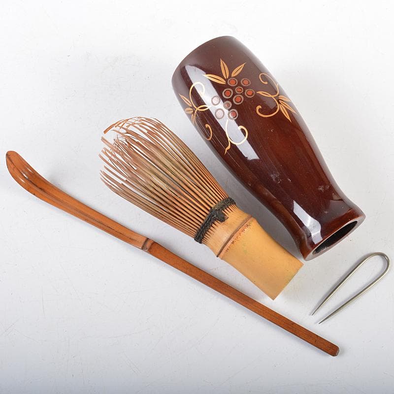 茶道具　漆塗　茶箱　茶筅筒　茶碗など　六点　一式　仕覆付　M　R5941