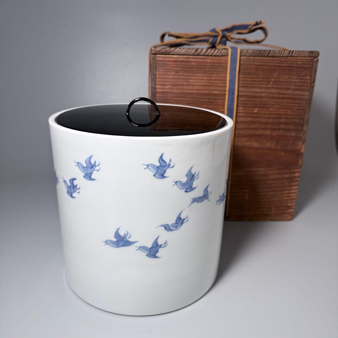 蔵*介様 明治大正期　平戸焼　染付鳥文様水指　共箱　特注蓋付　茶道具　裏千家　表