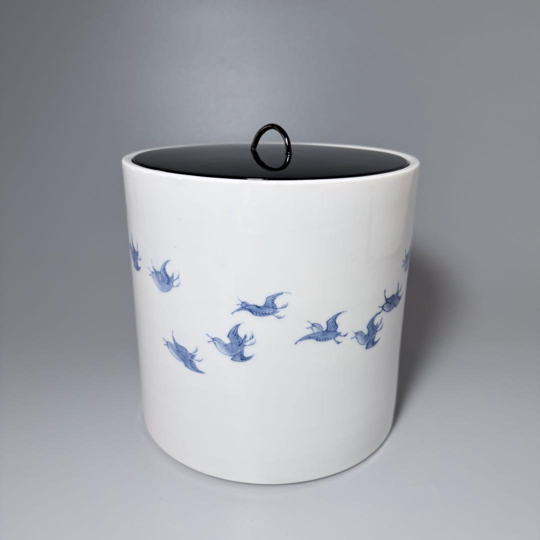 蔵*介様 明治大正期　平戸焼　染付鳥文様水指　共箱　特注蓋付　茶道具　裏千家　表