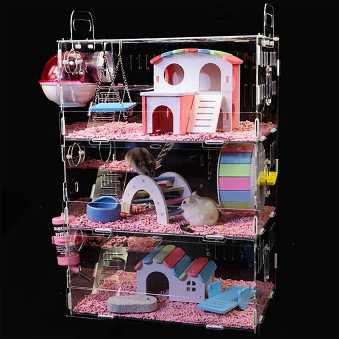 透明なハムスターケージ ハムスターハウス ペッ通気性抜群 3階.