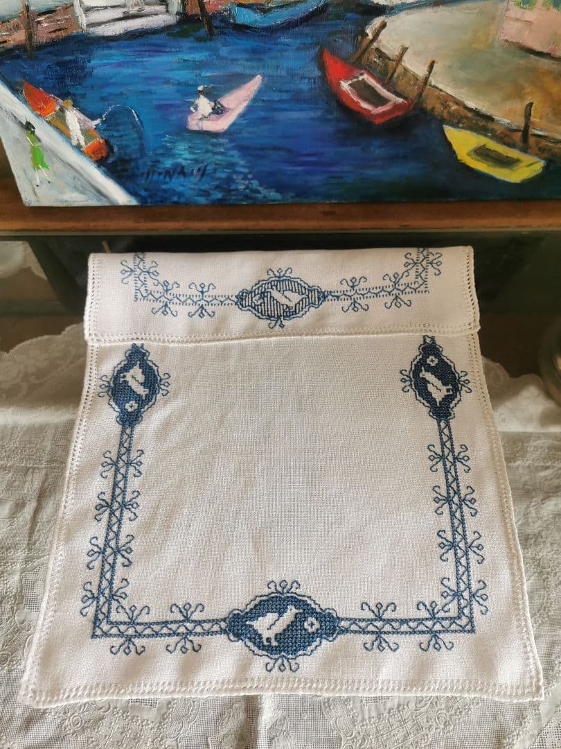 アンティークフランス 青い鳥のクロスステッチ刺繍 青糸刺繍ランナー リネンクロス