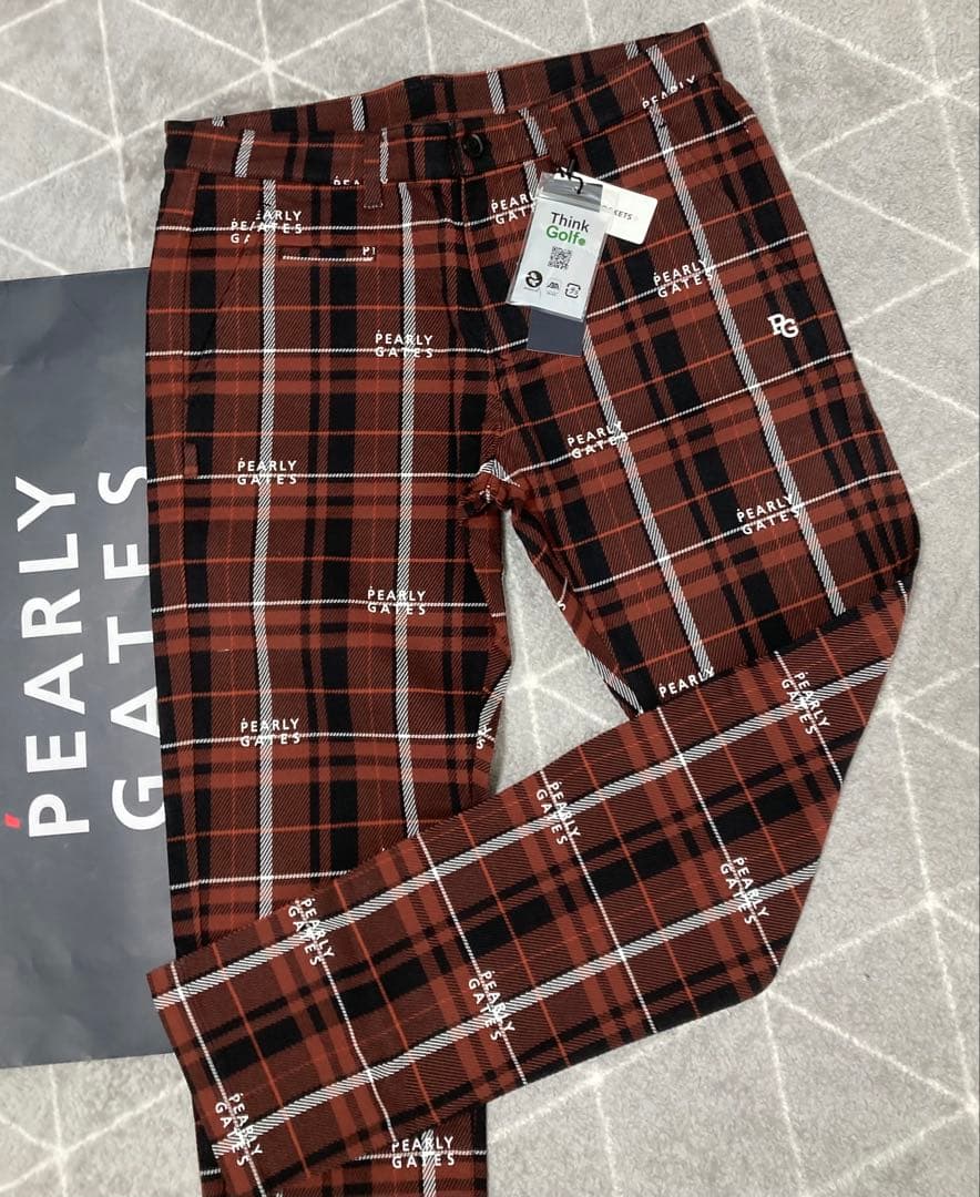 新品 パーリーゲイツ コットンストレッチカルゼチェックパンツ(5)サイズL/茶