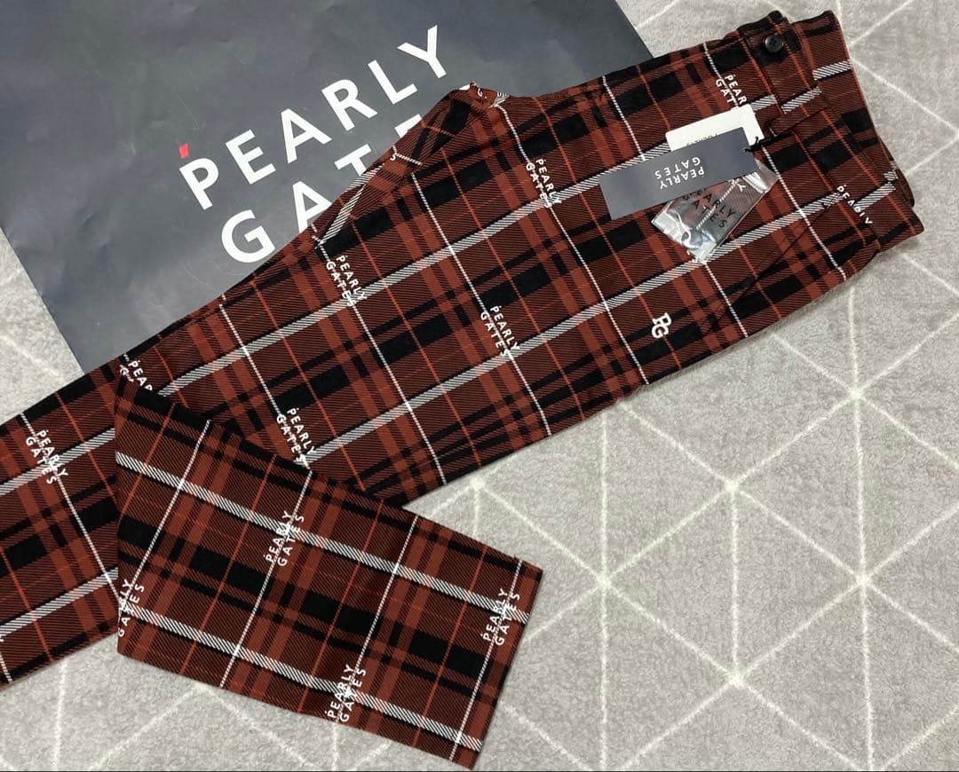 新品 パーリーゲイツ コットンストレッチカルゼチェックパンツ(5)サイズL/茶