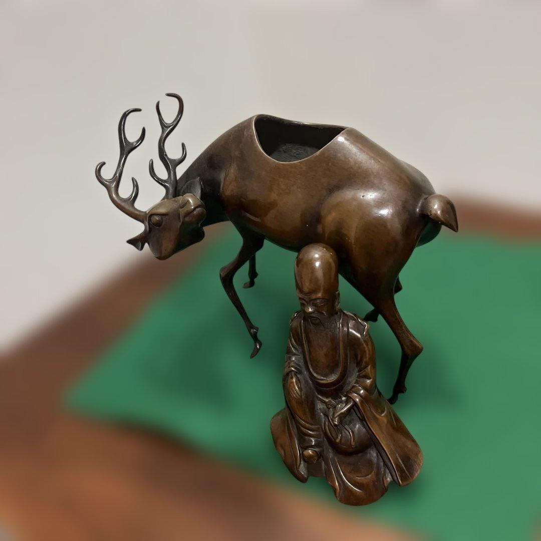 青銅製 鹿に乗る福禄寿　宝珠香炉