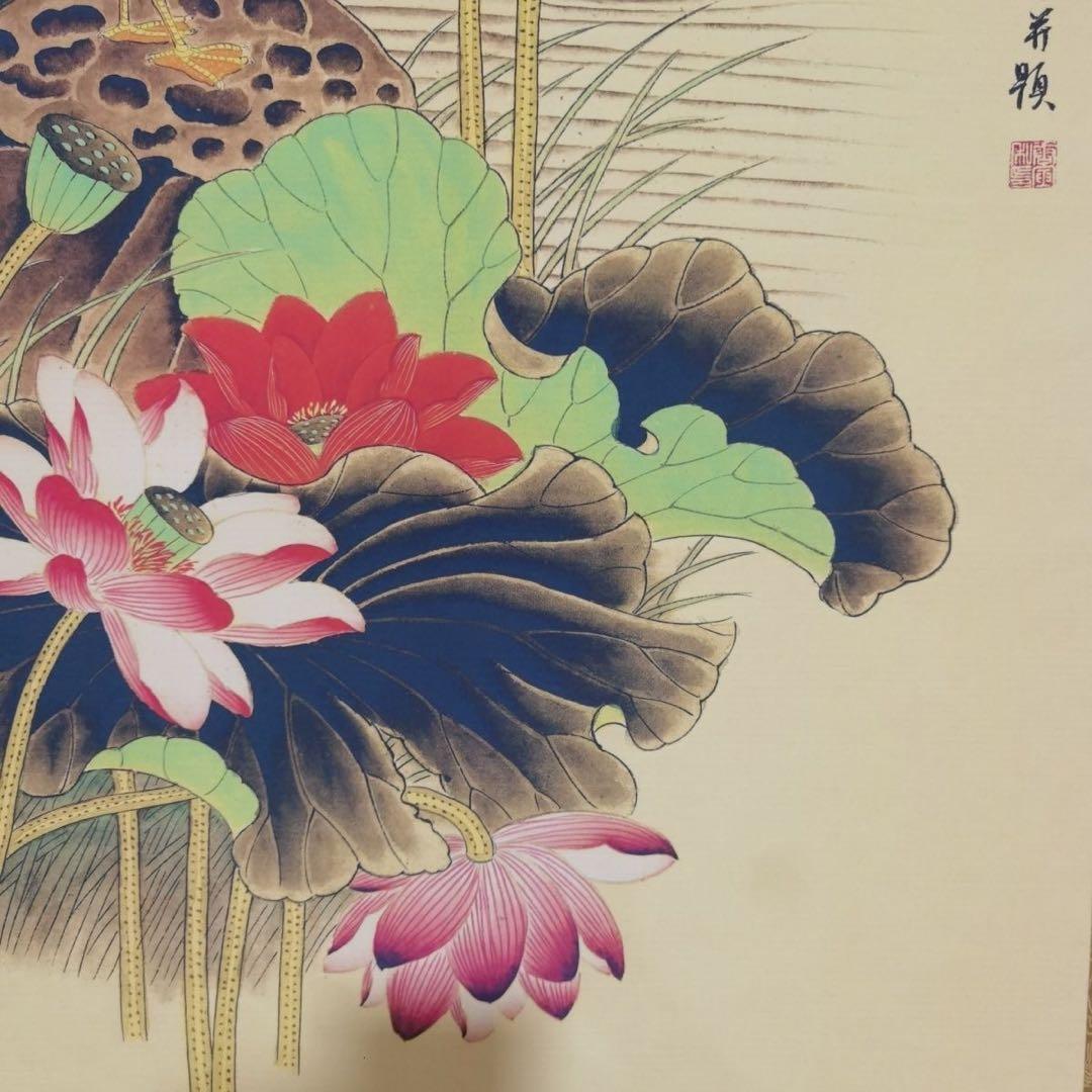 唐寅風「荷花鸳鸯図」中堂 掛軸｜証書付き｜中国花鳥画