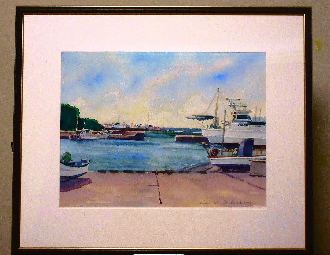 港の風景 水彩画 2023年制作 額装済み F6サイズ