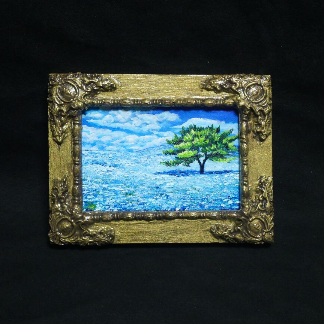 油絵 油彩 油彩画 絵 絵画 キャンバスパネル ミニ絵画【ネモフィラの丘】