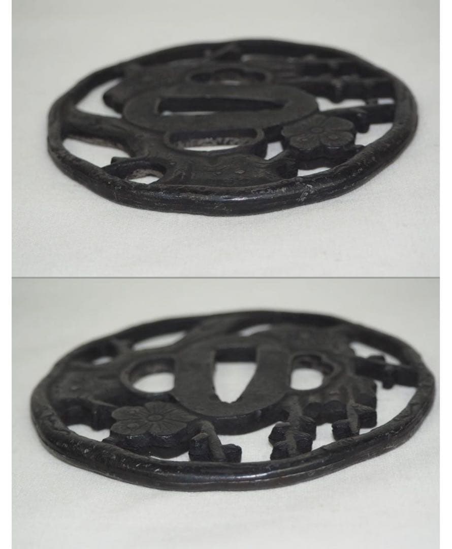 送料無料　時代物　梅花文鍔　木箱付　刀剣美術