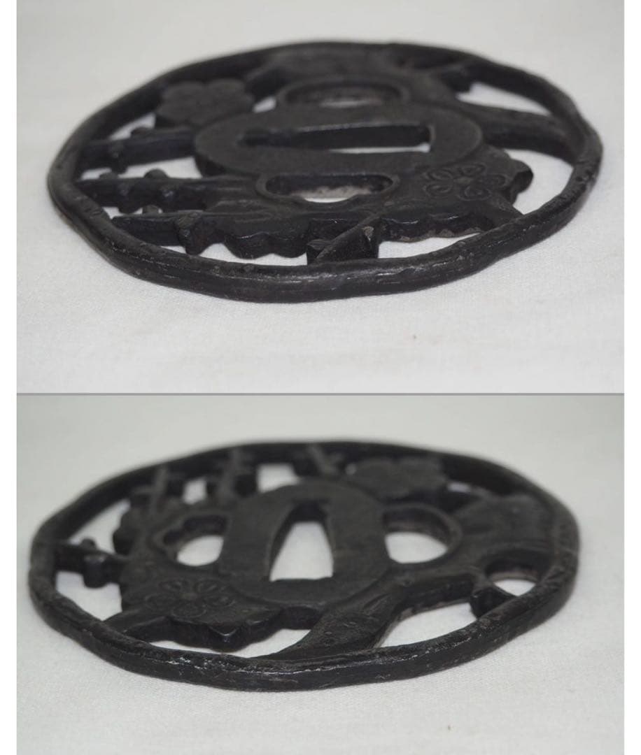 送料無料　時代物　梅花文鍔　木箱付　刀剣美術