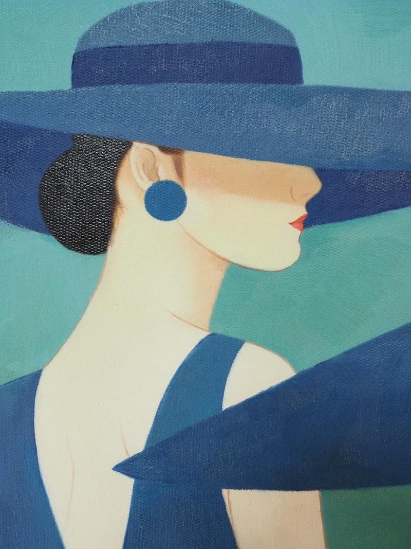 【値下げ】油絵　美人像　鶴田一郎　M10号　笠美人　額付き　手描き　肉筆