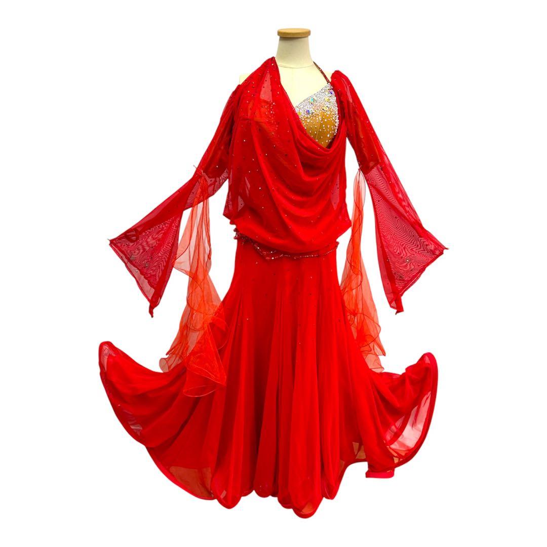 6312★M 赤 ドレープ スワロミックス スタンダードドレス 社交ダンス