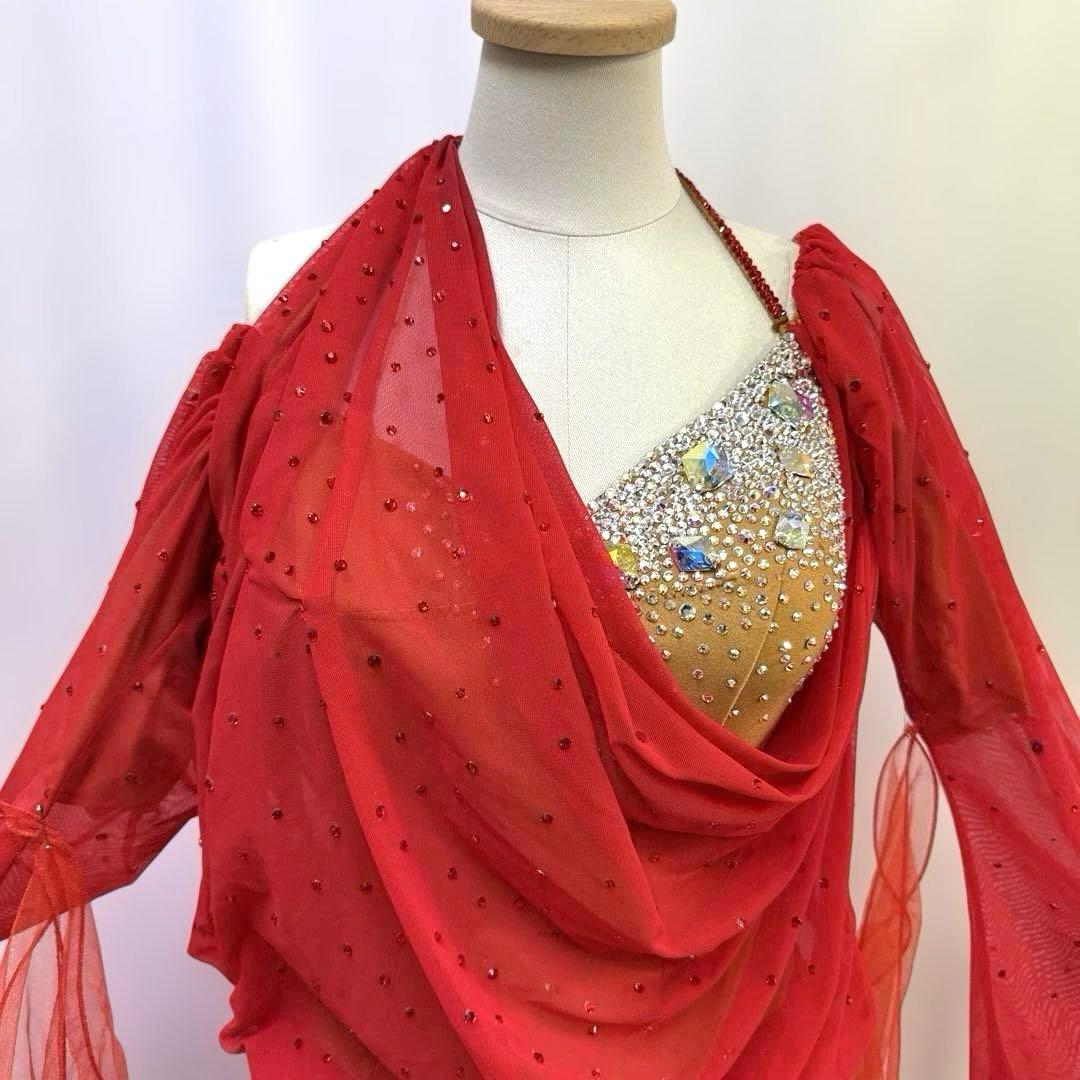 6312★M 赤 ドレープ スワロミックス スタンダードドレス 社交ダンス