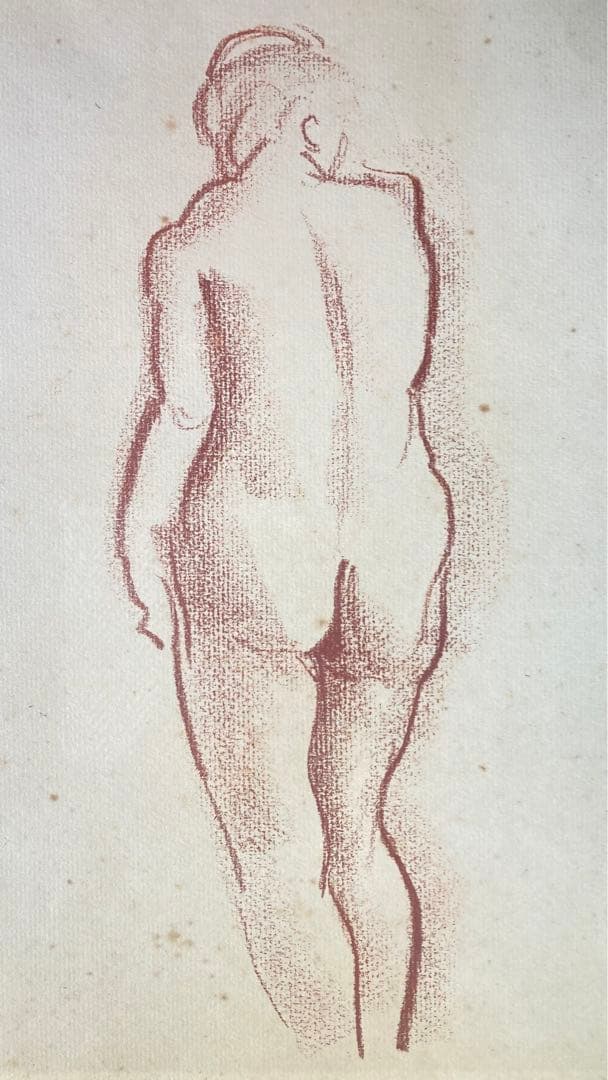 【真作保証】長谷川潔「裸婦」コンテ素描 スタンプサイン 画廊シール デッサン