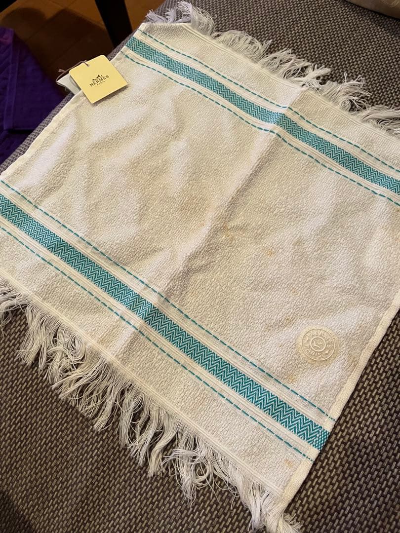 HERMES タオルハンカチ ホワイト/ターコイズ