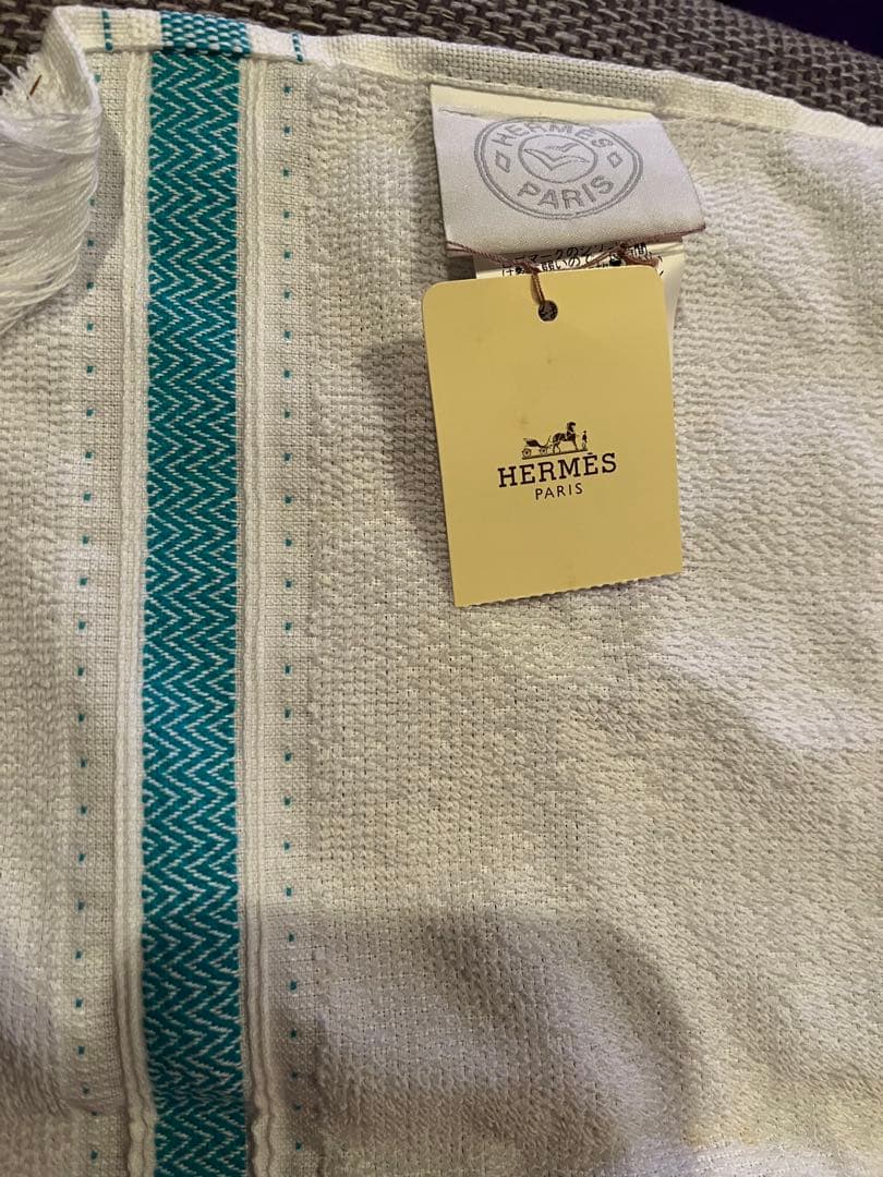 HERMES タオルハンカチ ホワイト/ターコイズ