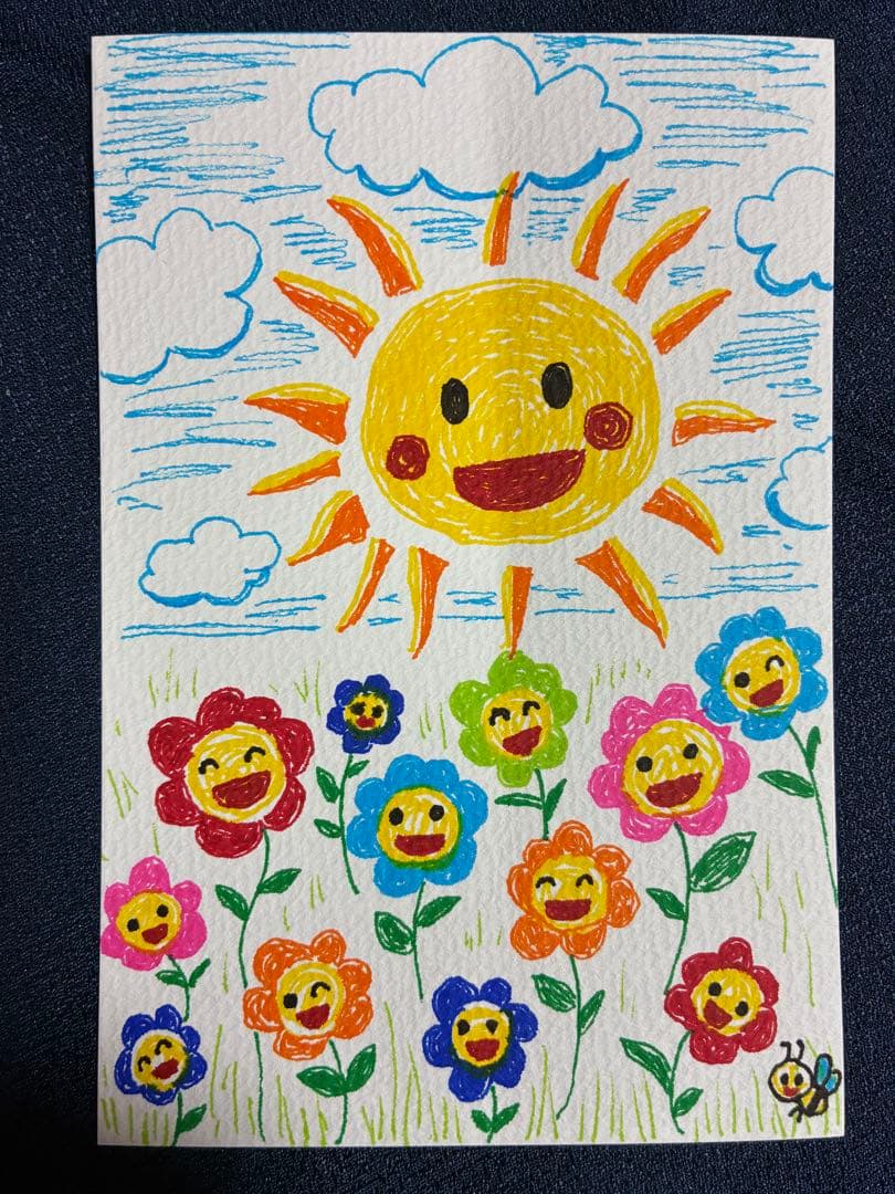 手描きアート 太陽と花の絵