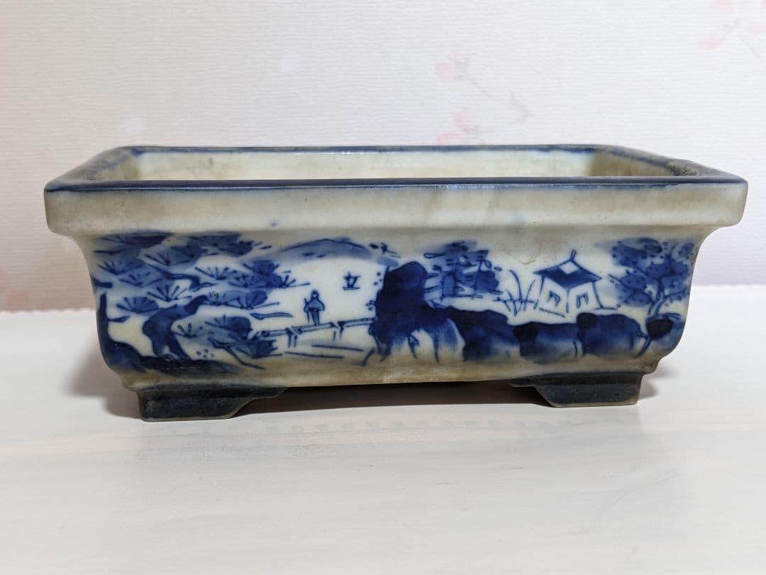 ♦染付山水図 長方角鉢 小品盆栽鉢 ミニ盆栽鉢 作家物 美術品 工芸品 骨董品
