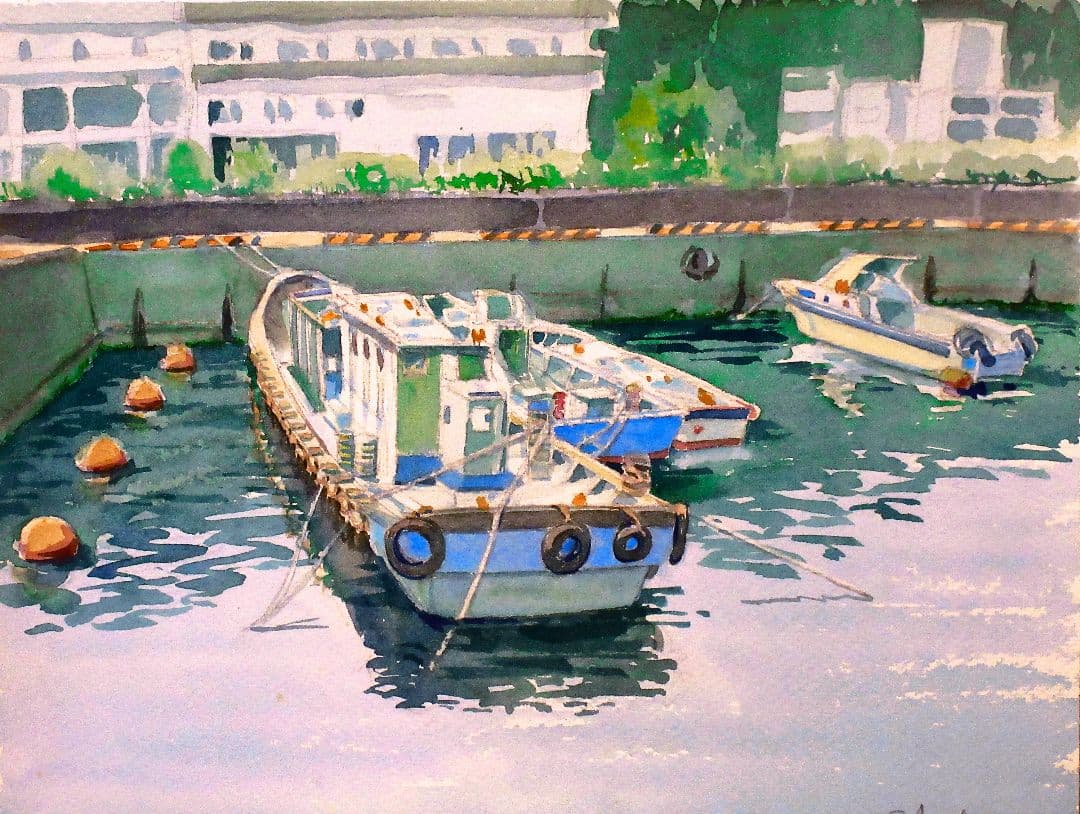 水彩画 港の風景 額装済み