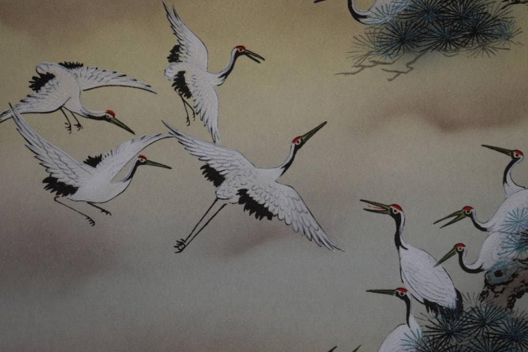 真作/春峰/百鶴蓬莱図/桐共箱付/布袋屋掛軸HF-886