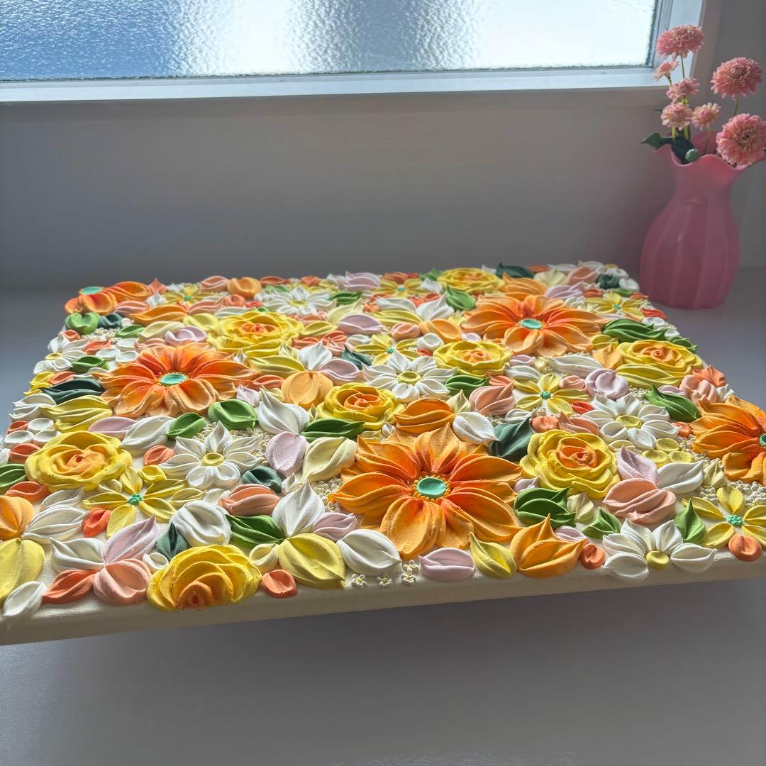 テクスチャーアート　花束　壁掛け　海外　現代アート　花の絵　フラワーアート