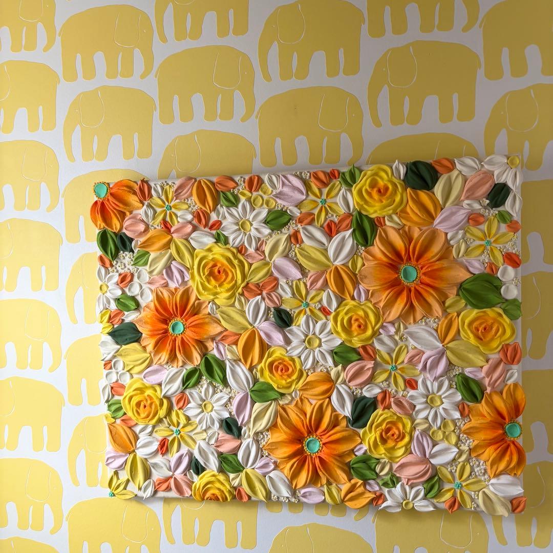 テクスチャーアート　花束　壁掛け　海外　現代アート　花の絵　フラワーアート