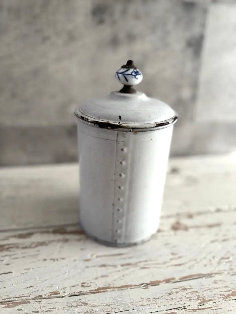 アンティークホーロー キャニスターChicorée 陶器つまみ 真鍮 希少 珍品