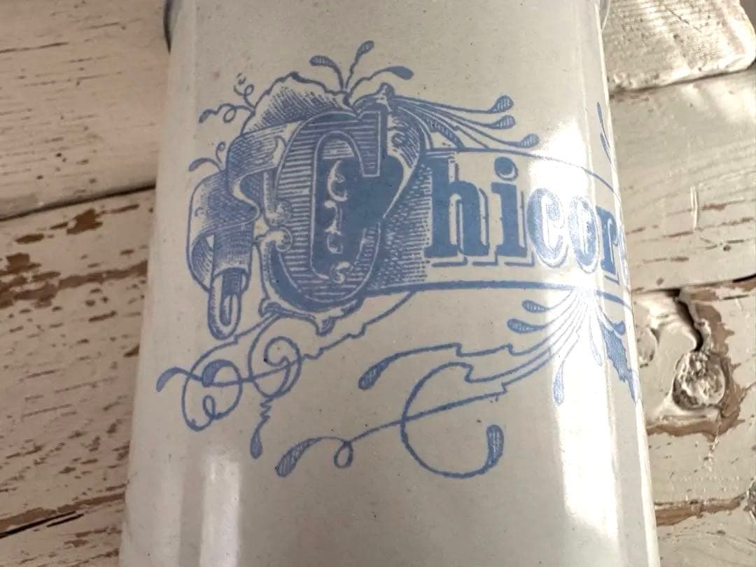 アンティークホーロー キャニスターChicorée 陶器つまみ 真鍮 希少 珍品