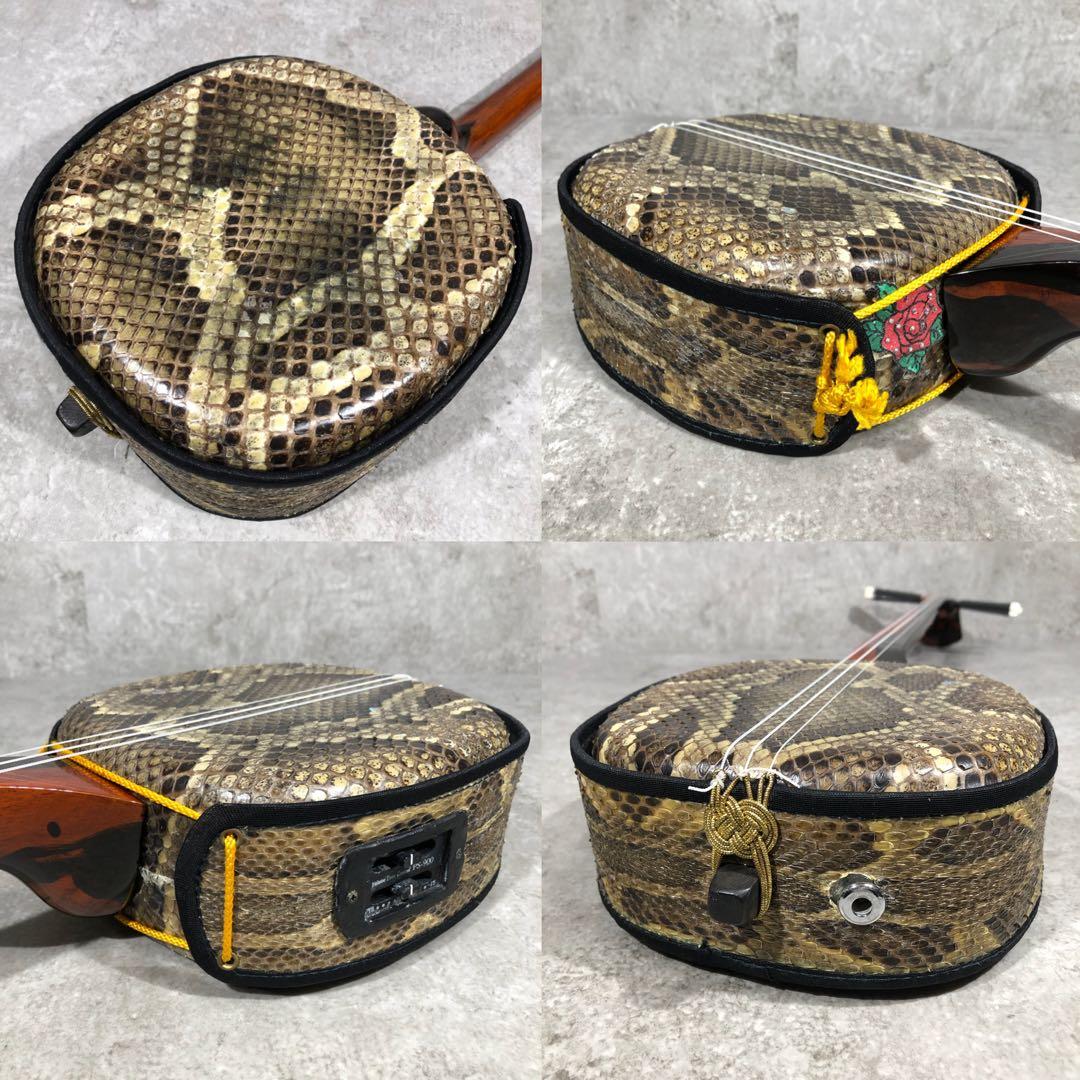 美品 高級 沖縄三線 本島産黒木 クルチ 本蛇皮 一枚張り 三線 ピックアップ付