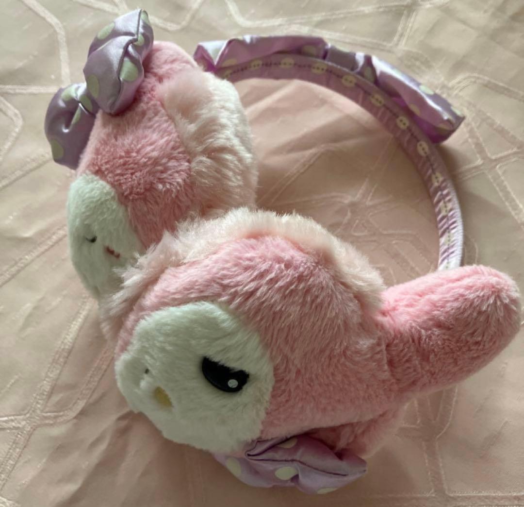 マイメロ　ふわふわファー　ピンクカチューシャ　ラベンダードットリボン　うさぎ