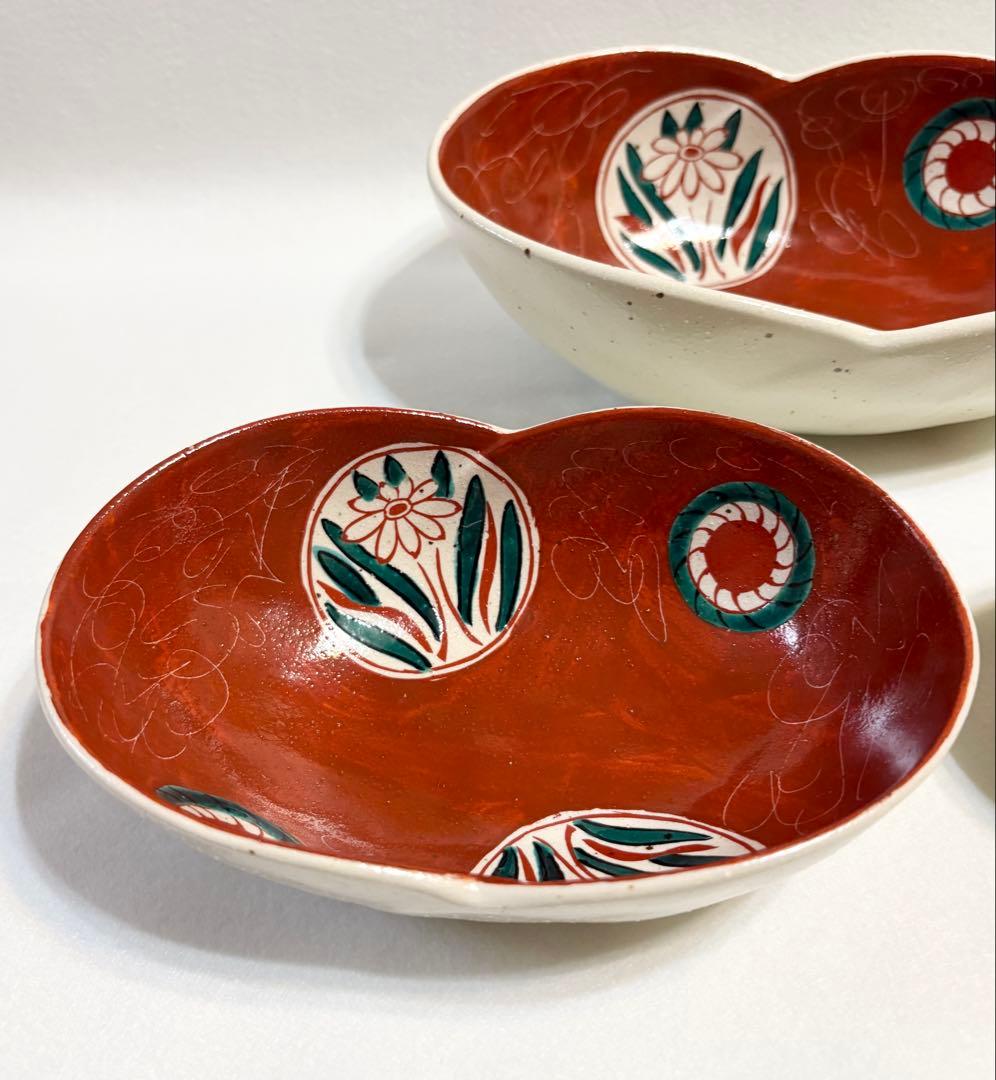 九谷焼 暁堂 赤絵 花文 変形楕円鉢 大中小 セット 上質 和食器 手描き