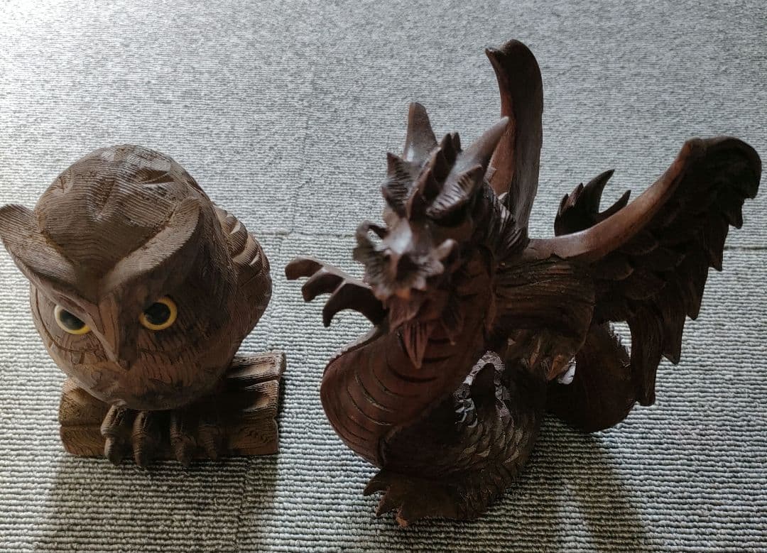 フクロウとドラゴン　不苦労　梟　　龍　竜　置物　２体セット