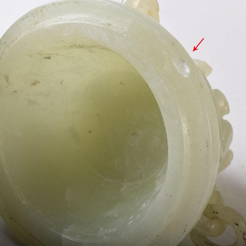 中国　玉石彫刻　雙耳活環　獅子鈕蓋爐　三足香炉　唐木台付　C　8256