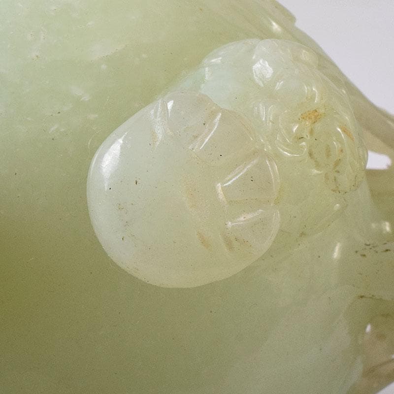 中国　玉石彫刻　雙耳活環　獅子鈕蓋爐　三足香炉　唐木台付　C　8256