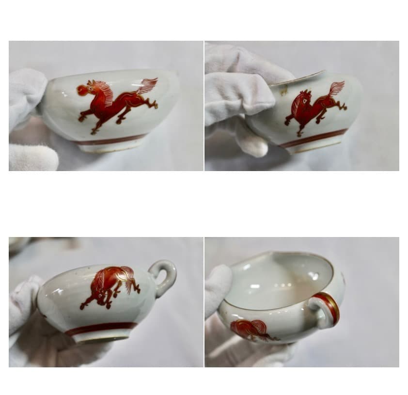 九谷焼 古九谷 赤九谷 馬絵 牛絵 茶器セット 煎茶道具 金彩 共箱有り