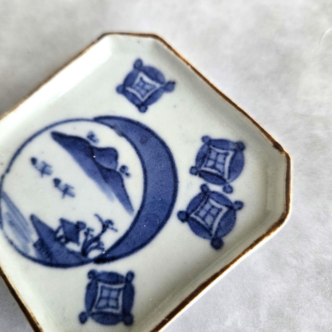 古伊万里　染付　豆皿　小皿　七宝　月　江戸　金直し　金継ぎ　骨董　アンティーク