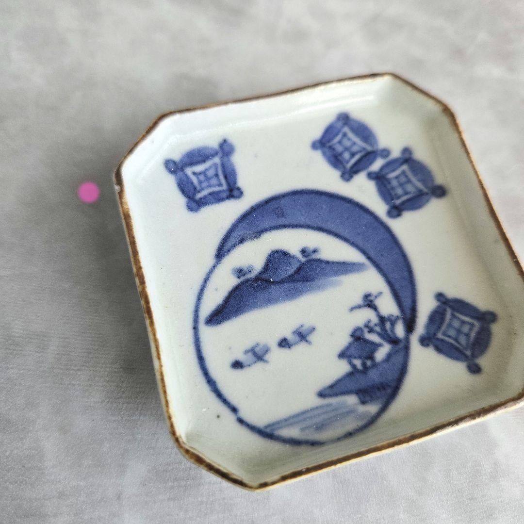 古伊万里　染付　豆皿　小皿　七宝　月　江戸　金直し　金継ぎ　骨董　アンティーク