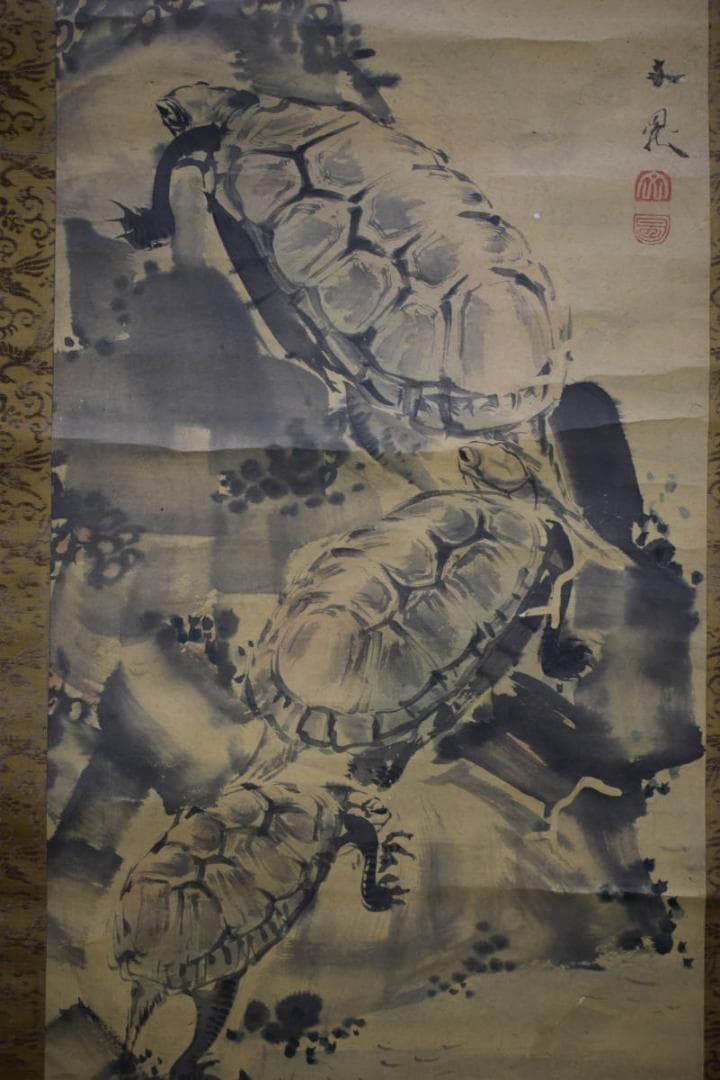 模写/谷文晁/亀図/絹表装/布袋屋掛軸HF-612