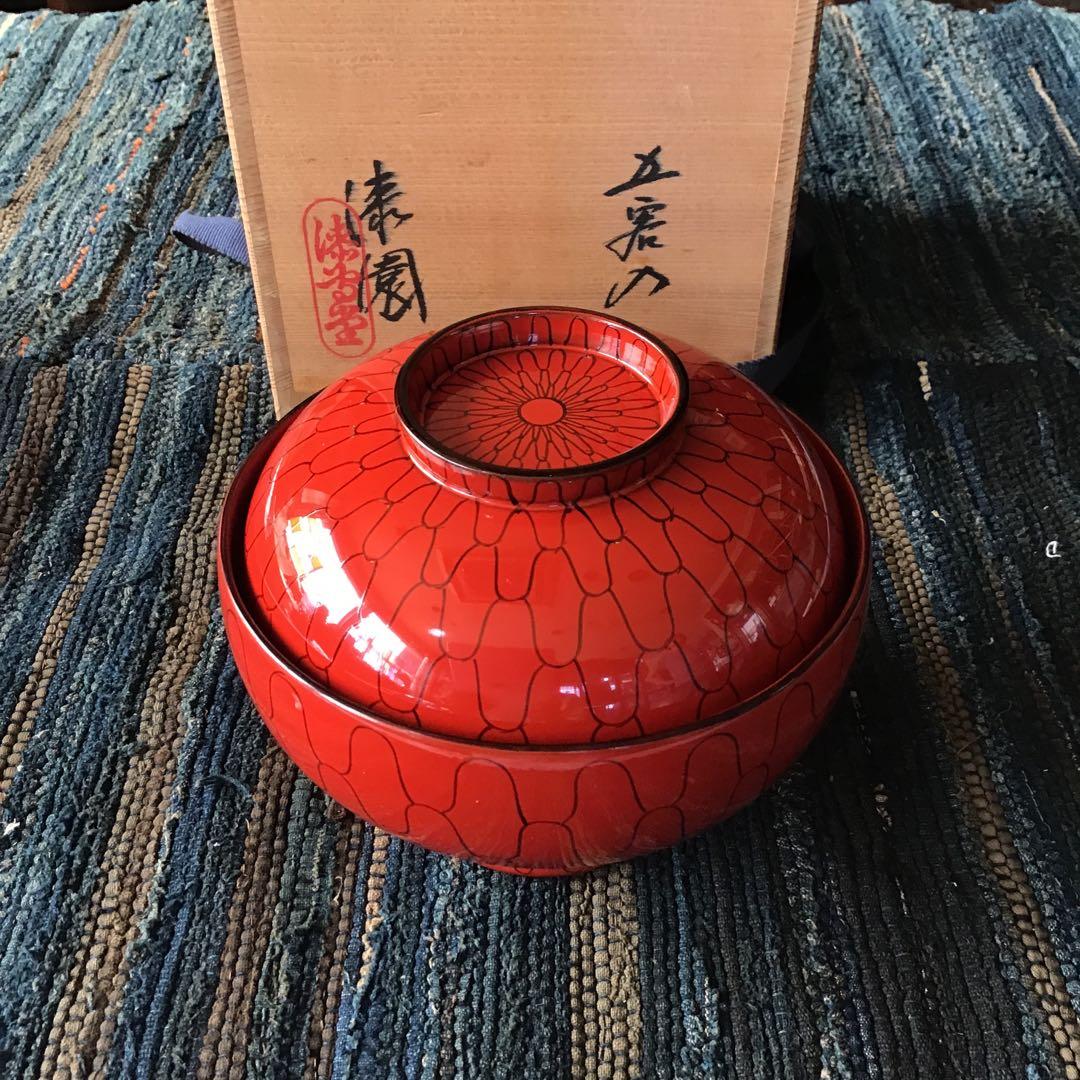 漆専堂　漆園　朱筋刀　四つ椀　黒網目　茶道具　茶席　5客　未使用品