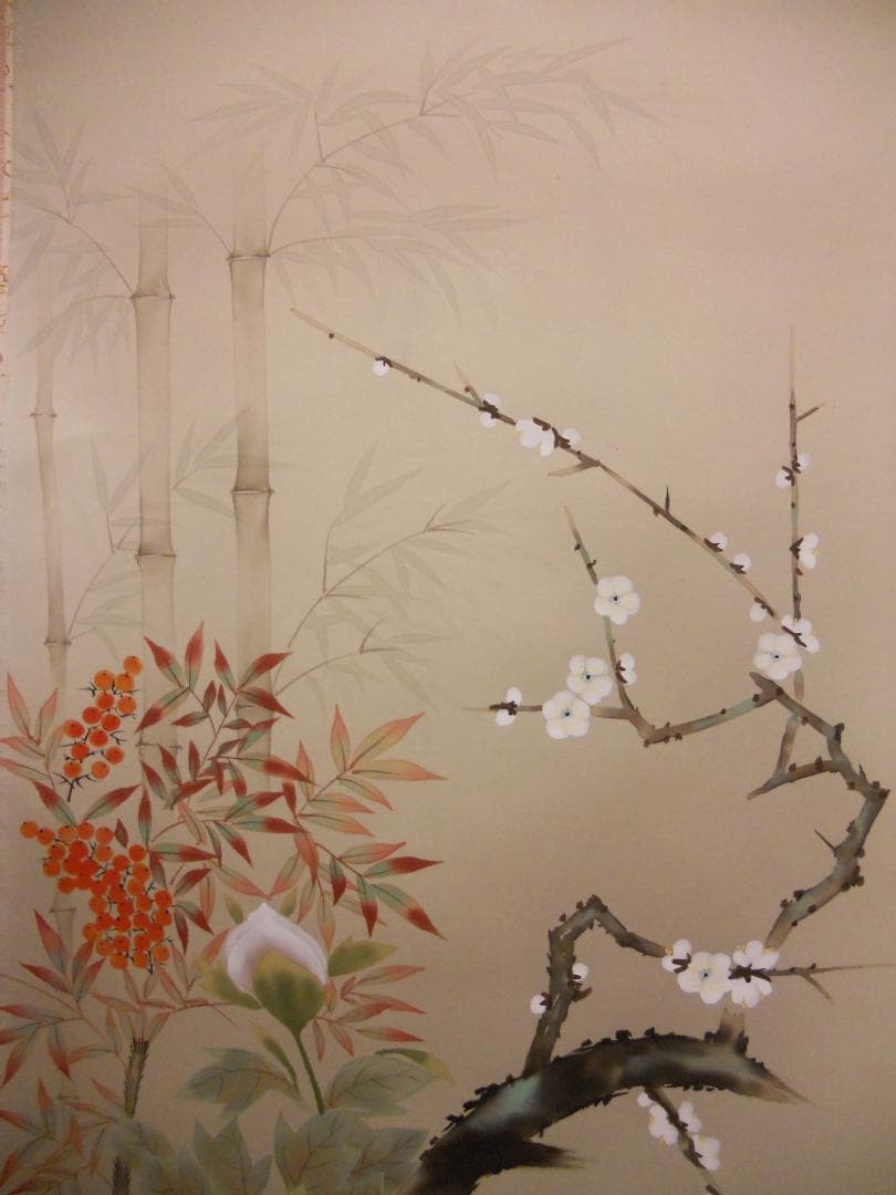 掛け軸 金子華春 『 四季花 』 絹本 希少 軸装 茶道具 掛軸 美品 です。