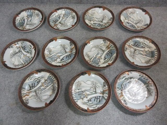 九谷焼 色絵 冬景色 小皿 11枚 上出製 [B24447]