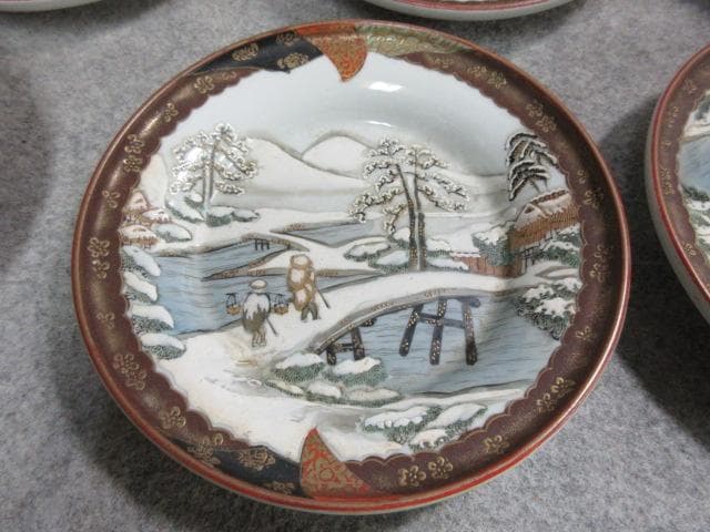 九谷焼 色絵 冬景色 小皿 11枚 上出製 [B24447]