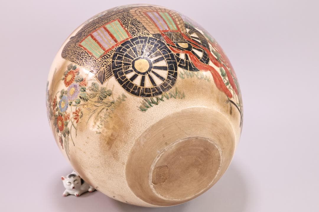 仁清 写　 色絵 金雲菊花御所車図　四耳壺　茶壺　花瓶　壷　花器　BK49